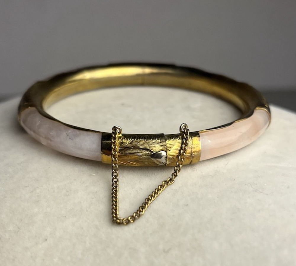 Chinese Rose Quartz Gold Plated Hinged Bangle Bracelet Clamper Safety Chain VTG